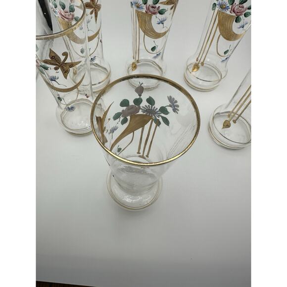 Antique Bohemian Set of 6 Enameled Tall Glasses Art Nouveau Butterflies 6" Tall - Picture 6 of 9
